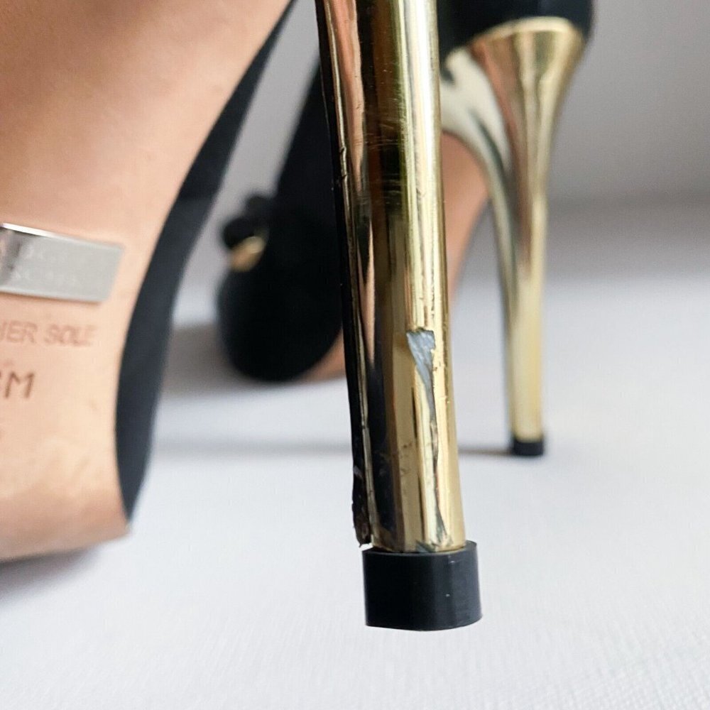 Badgley Mischka Black Satin Bow Detail Peep Toe Heels 6M - Picture 9 of 11